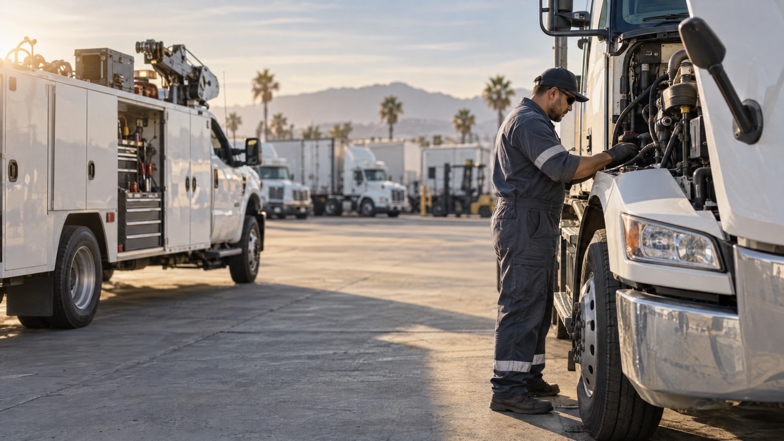 Technician checking a commercial truck at a fleet yard beside a service vehicle